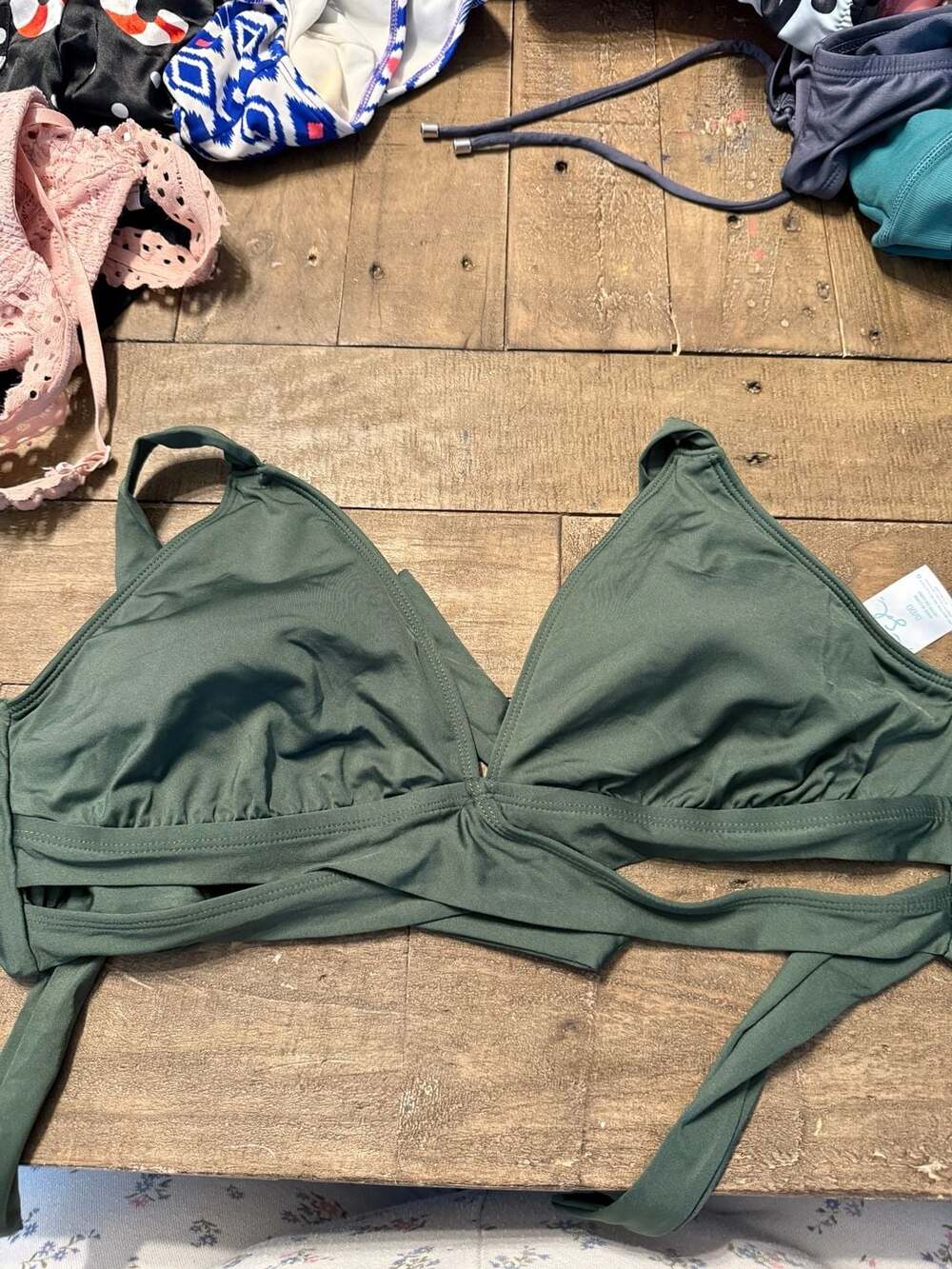 Kona Sol Women's Faux Wrap Halter Bikini Top in Dark Green Size DDD